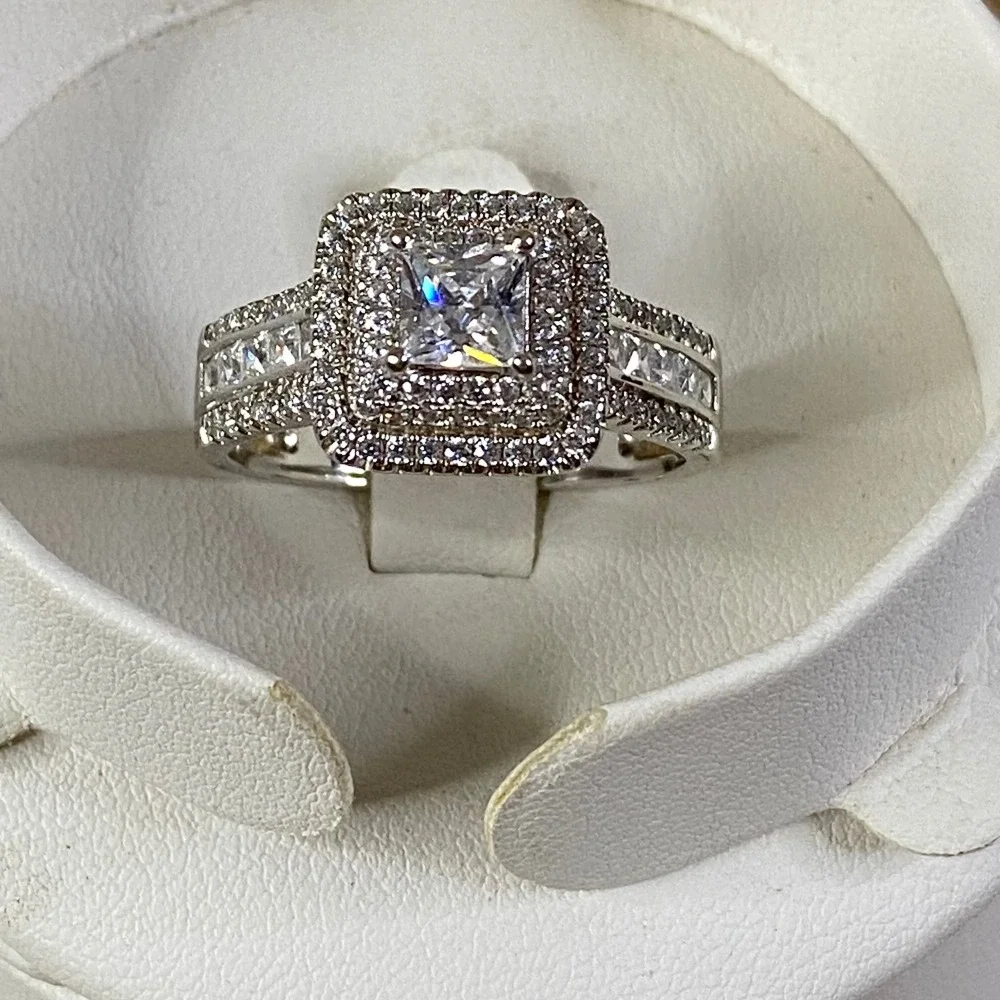 Jeulia Princess Cut Wedding Ring Sterling Silver Bridal‎ Cubic Zirconia Sz 10.5